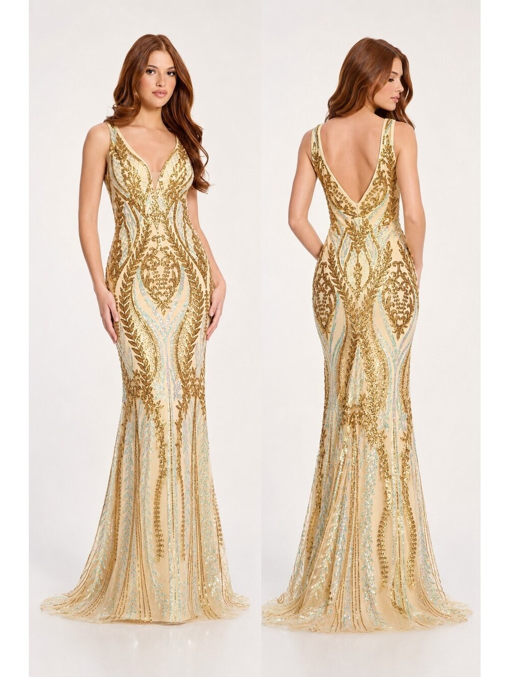 Designer Red Carpet Gold Sequin Beaded Mermaid Prom Gown Deep V Back sz 0 NWT